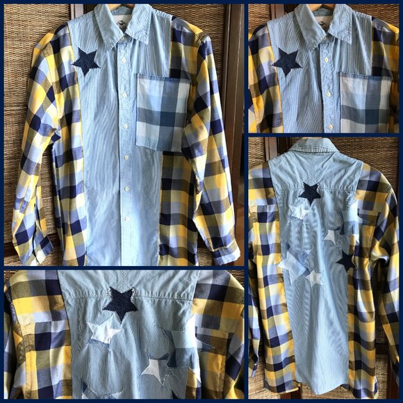 Mixed Plaid Button-Down Shirt: Upcycled Boho Top, Applique Stars, Funky Grunge - Picture 12 of 12